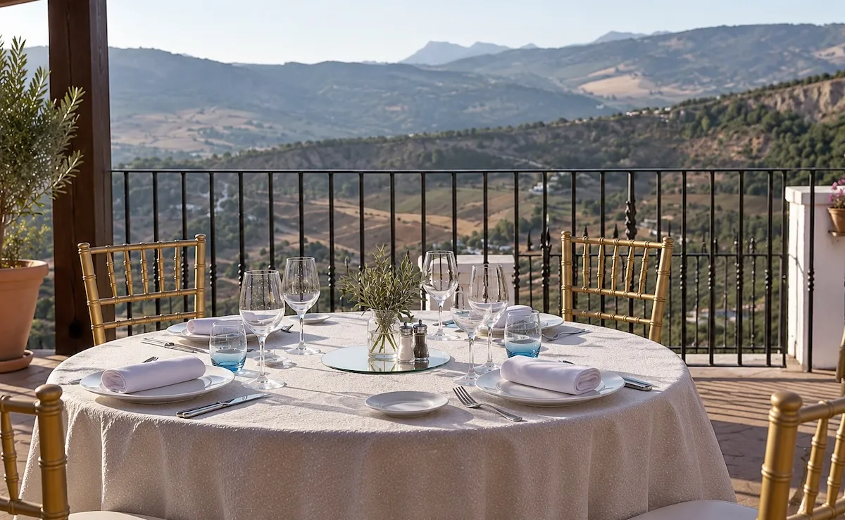 Table set on the terrace of Abades Ronda, overlooking the hills of the Serranía de Ronda