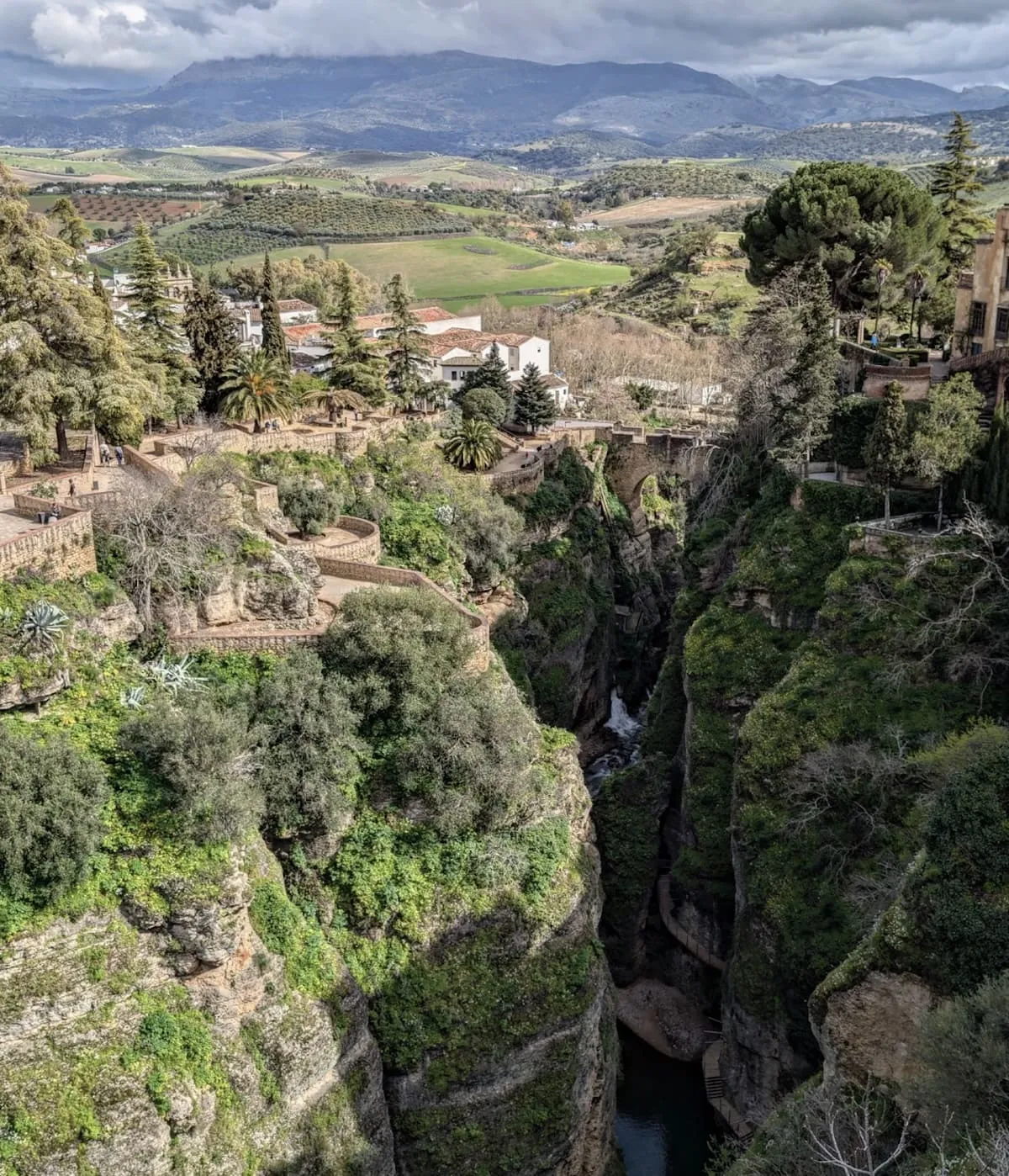 Aerial view of El Tajo de Ronda, with terraced gardens on the cliff edge, the river at the bottom of the gorge and the countryside beyond