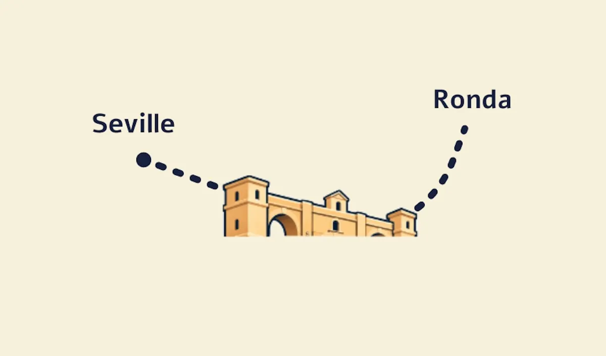 Illustrated map with a dotted line from Seville to Ronda and the Puente Nuevo